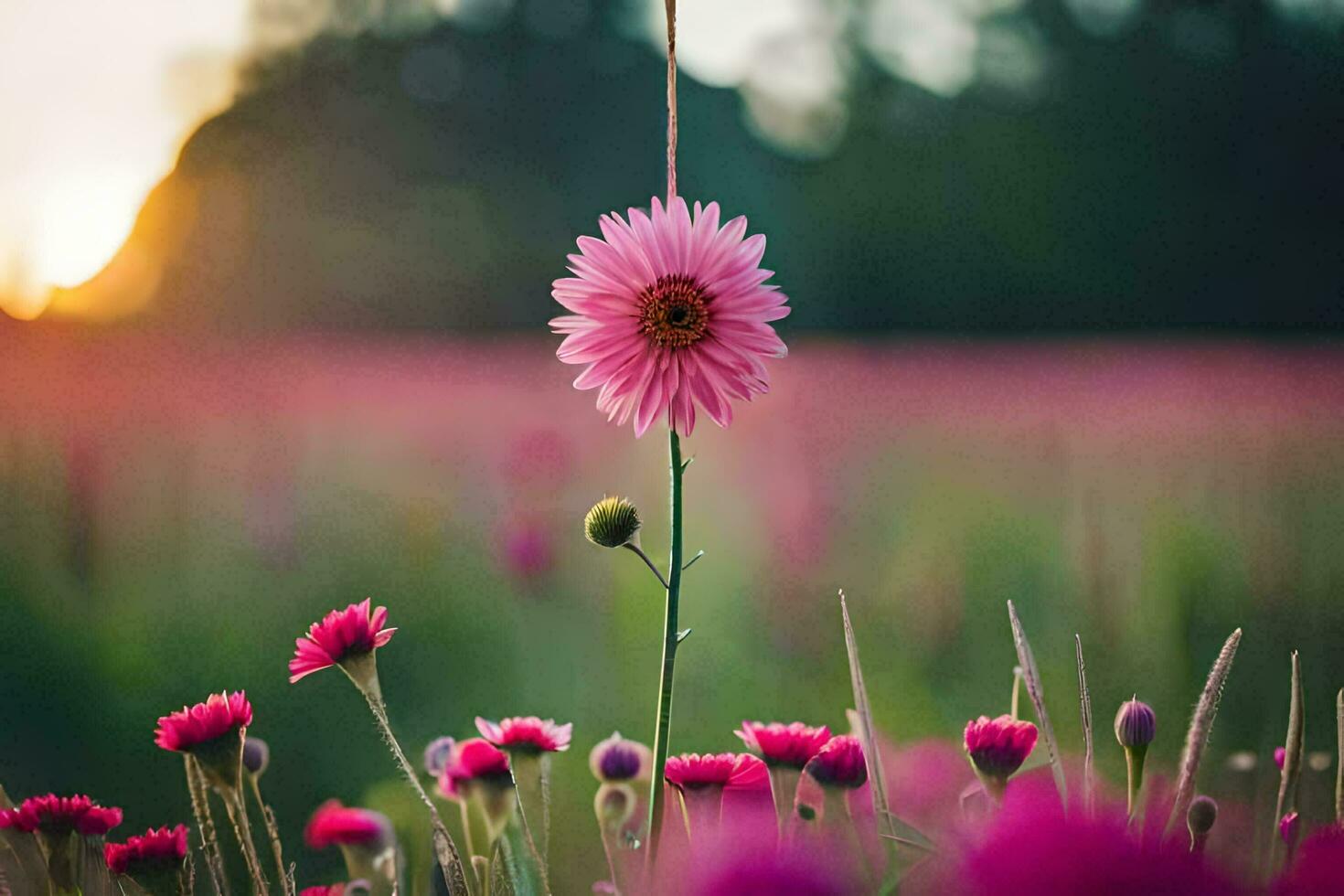 pink flowers in a field at sunset. AI-Generated photo