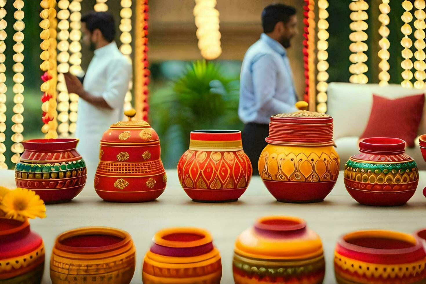 many colorful pots are on display at a wedding. AI-Generated photo