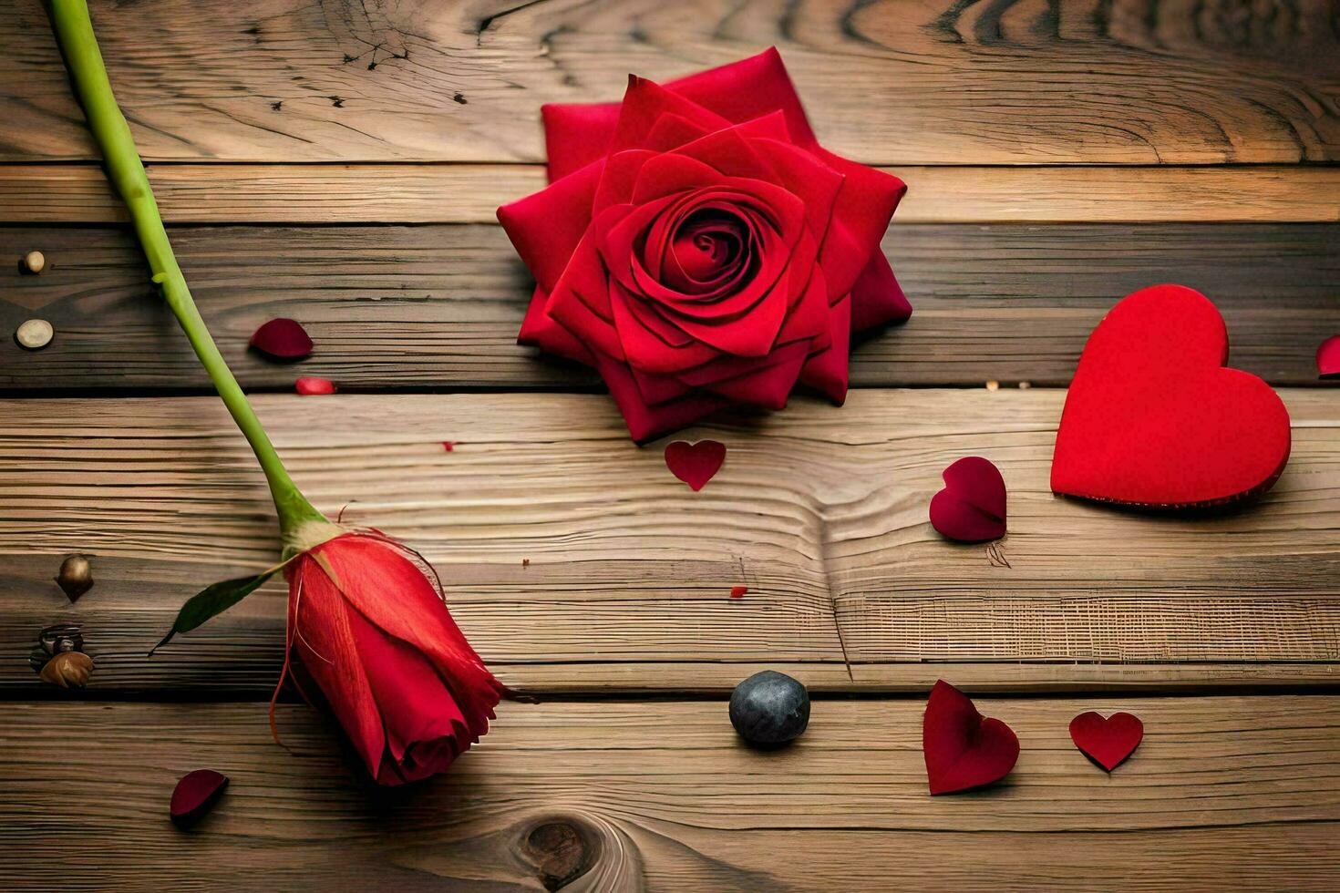 red roses and hearts on a wooden table. AI-Generated photo