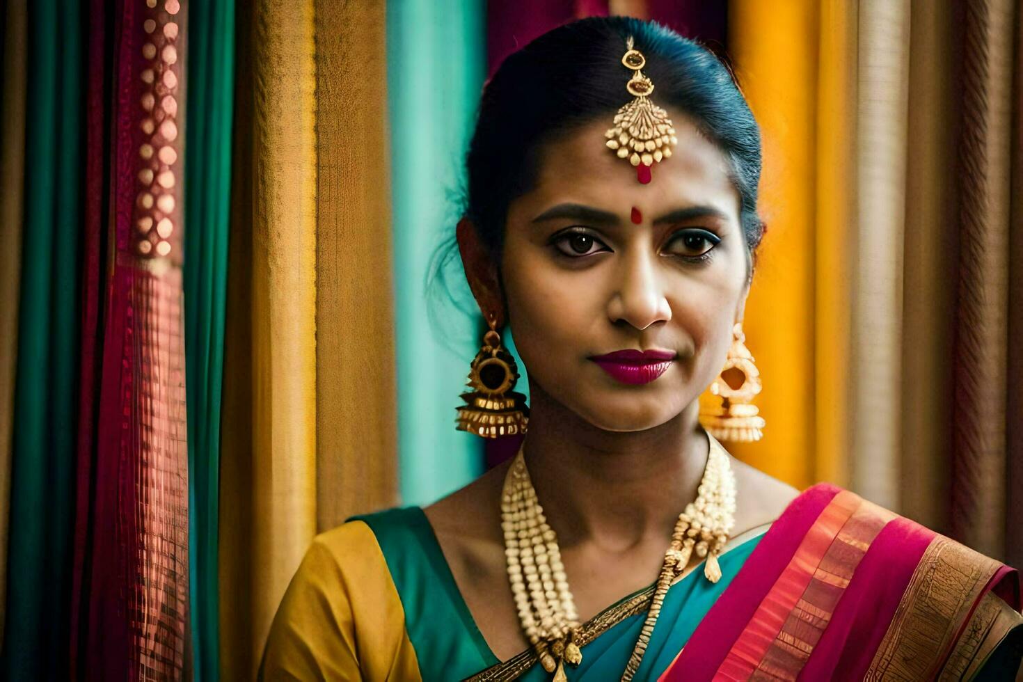 a woman in a colorful sari poses for a portrait. AI-Generated photo