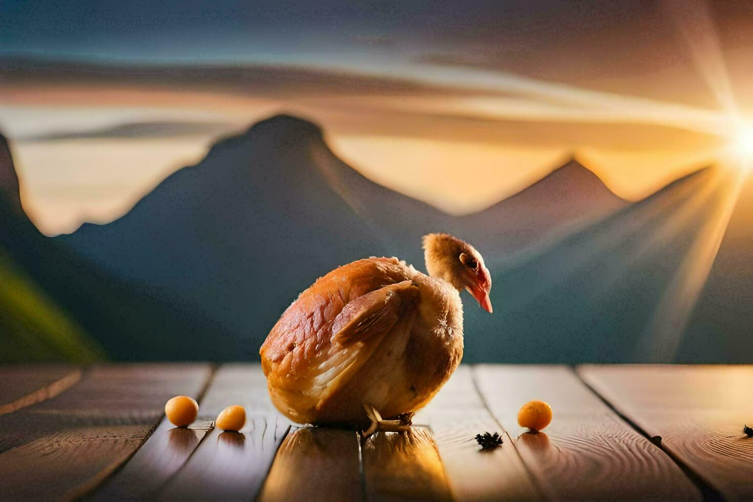 a chicken is sitting on a table with a mountain in the background. AI-Generated photo