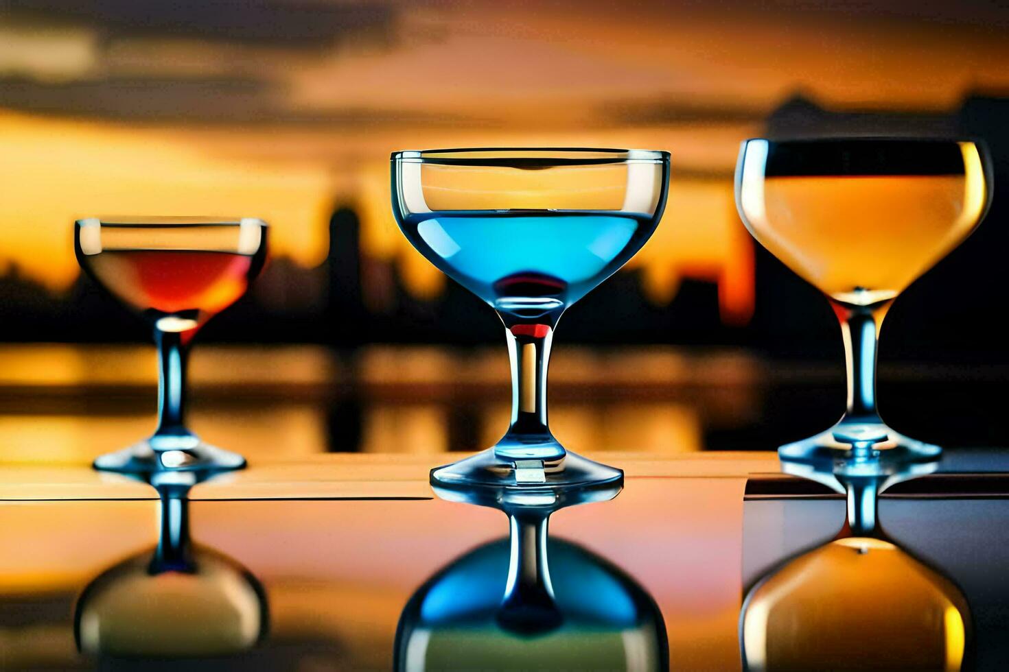 three wine glasses with different colored liquids on a table. AI-Generated photo