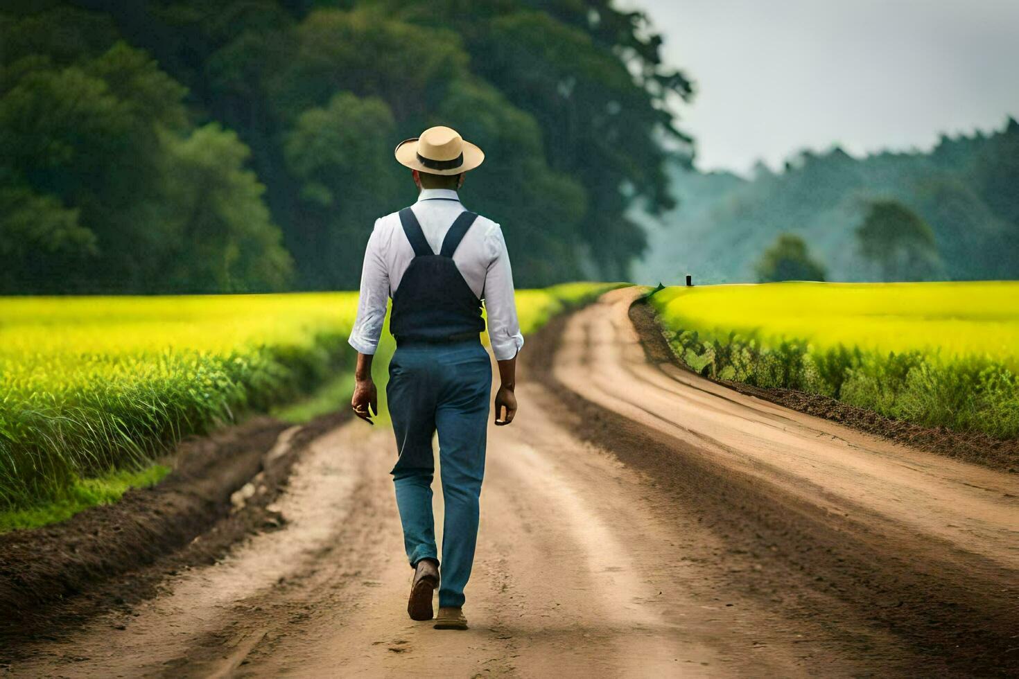 un hombre en un sombrero y tirantes caminando abajo un suciedad la carretera. generado por ai foto