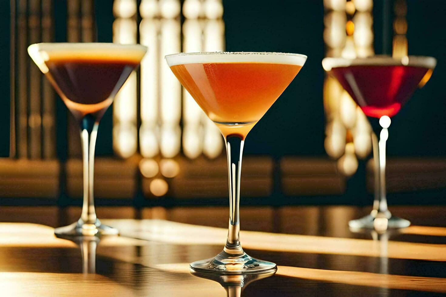 three different types of cocktails sit on a table. AI-Generated photo