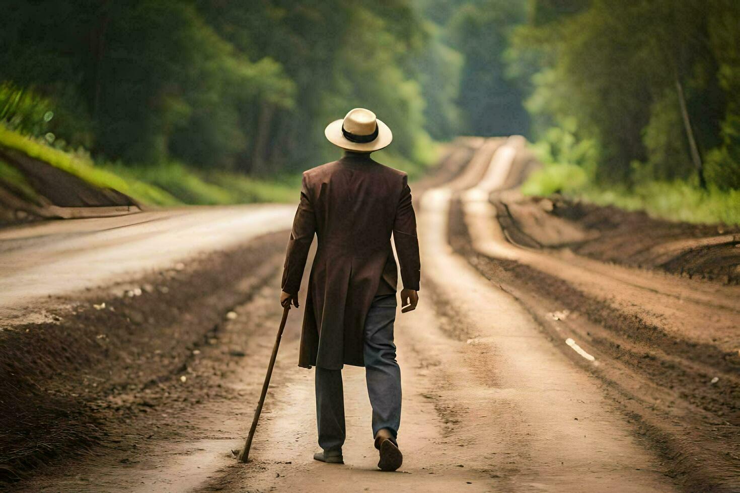 a man in a hat and coat walking down a dirt road. AI-Generated photo