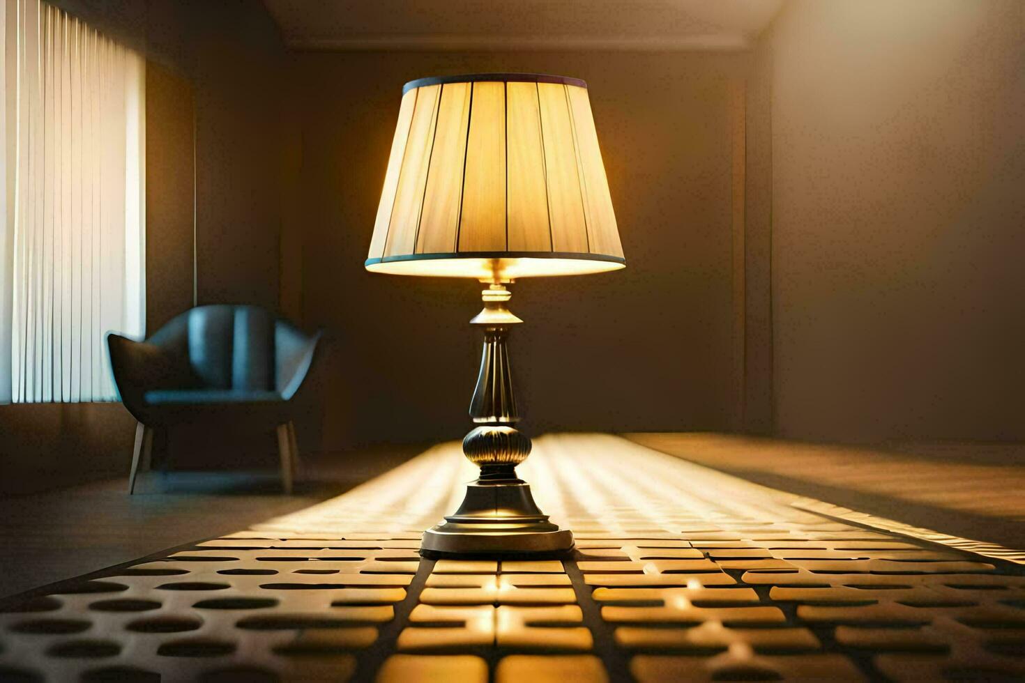 a lamp is sitting on a floor in a room. AI-Generated photo