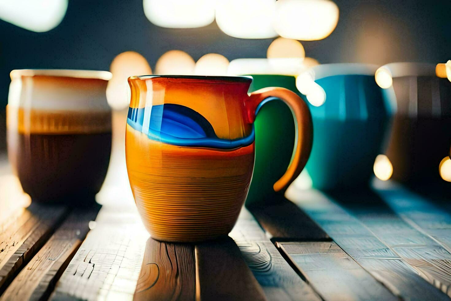 colorful mugs on a wooden table. AI-Generated photo