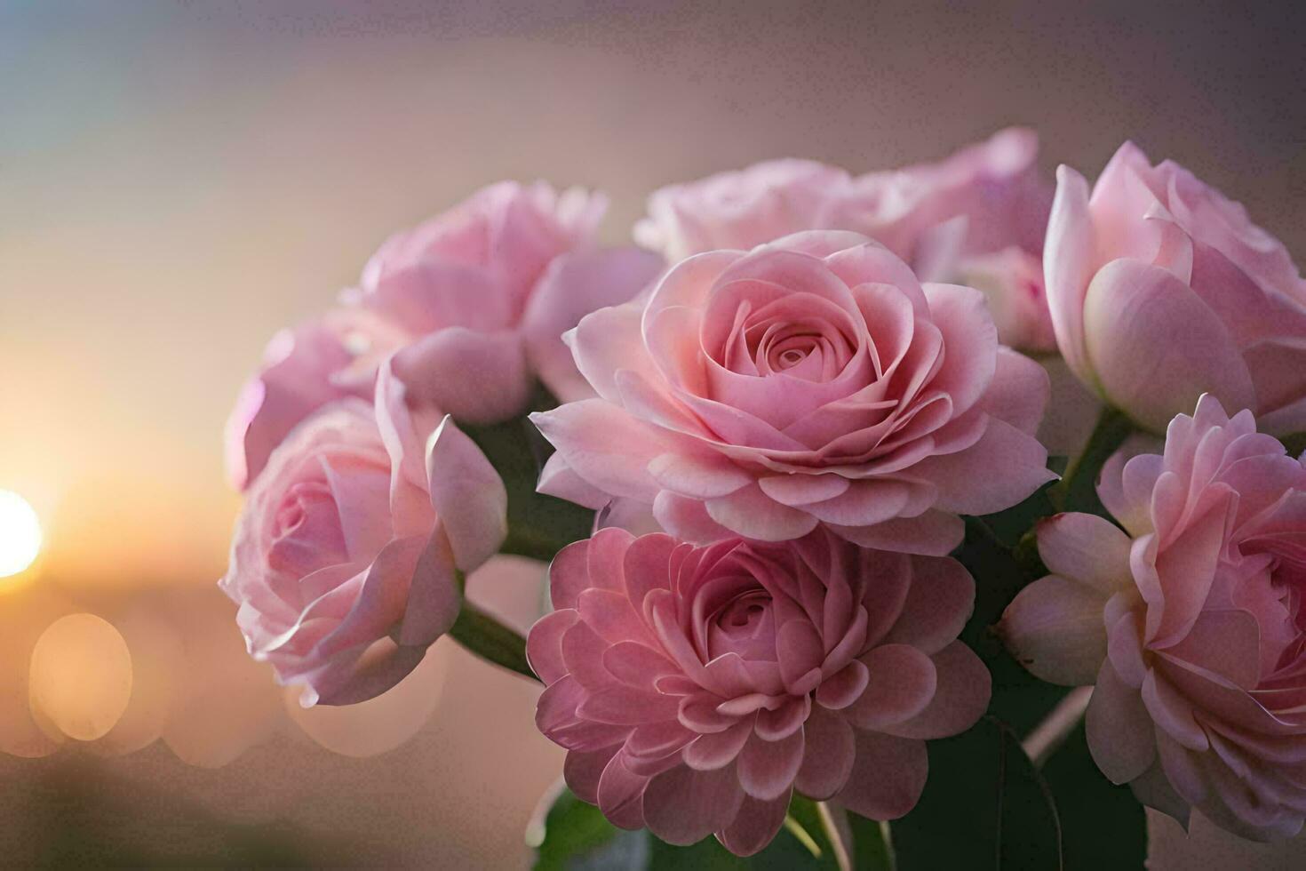 pink roses are in a vase with a sunset in the background. AI-Generated photo