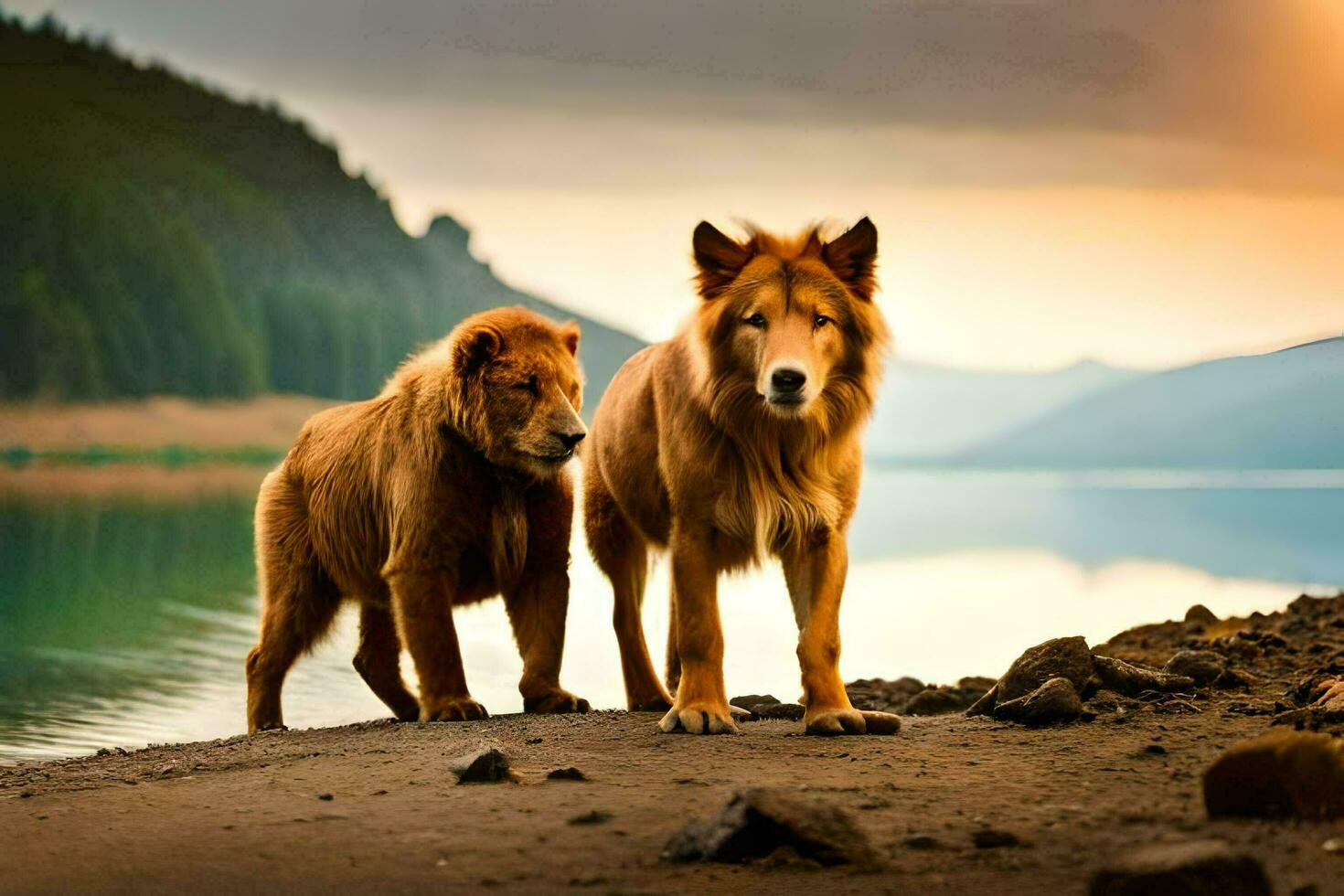 two brown dogs standing next to a lake. AI-Generated photo