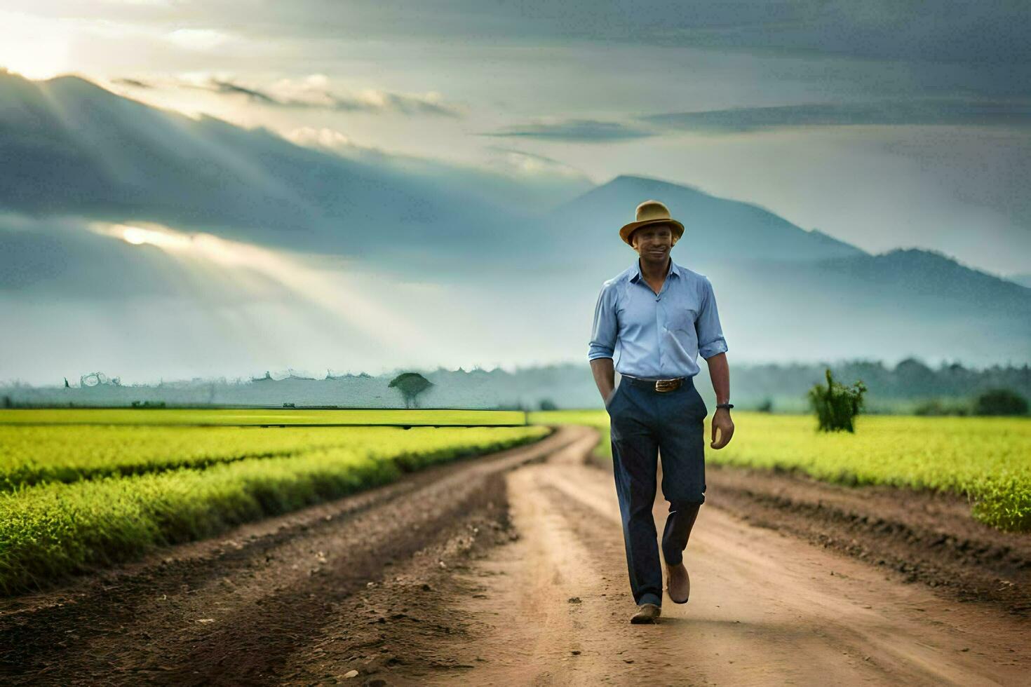 a man in a hat walks down a dirt road. AI-Generated photo