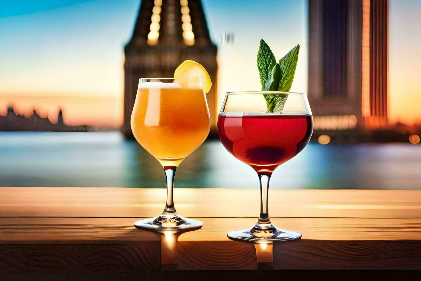 two glasses of wine and a drink on a table in front of a city skyline. AI-Generated photo