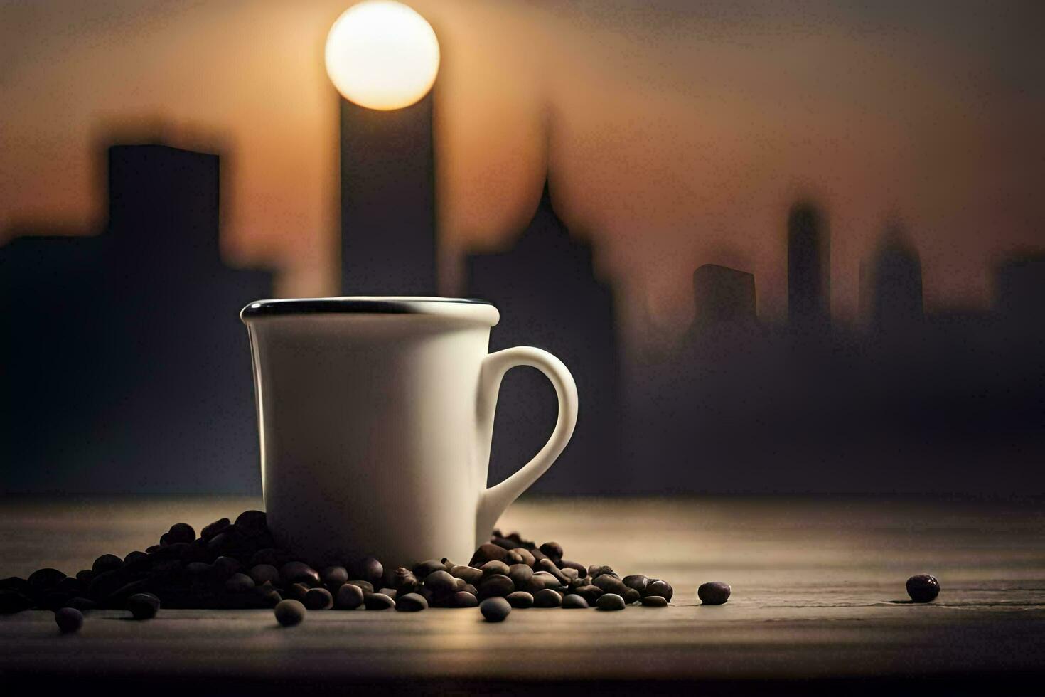 coffee mug on a table with city in the background. AI-Generated photo