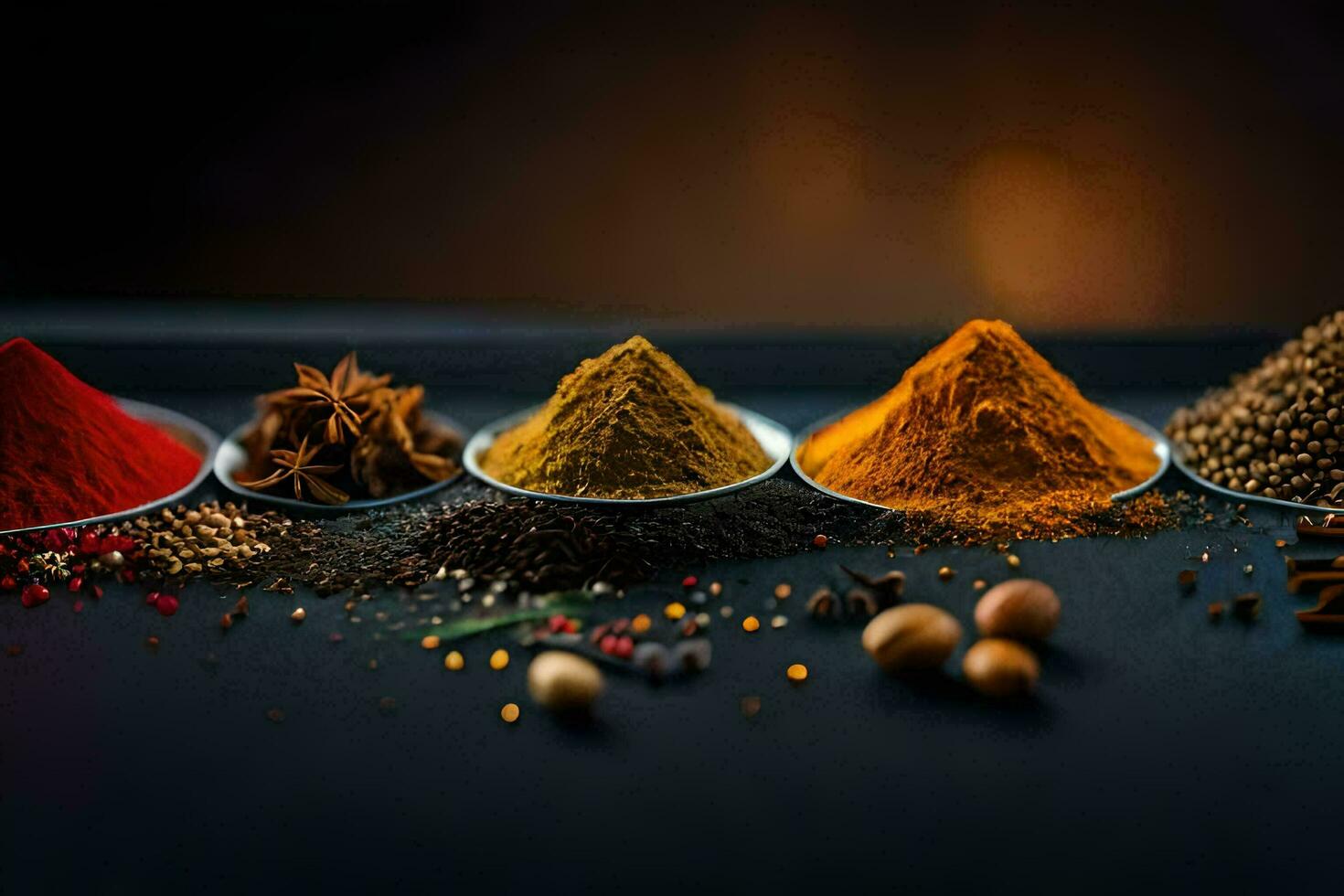 various spices and herbs in bowls. AI-Generated photo