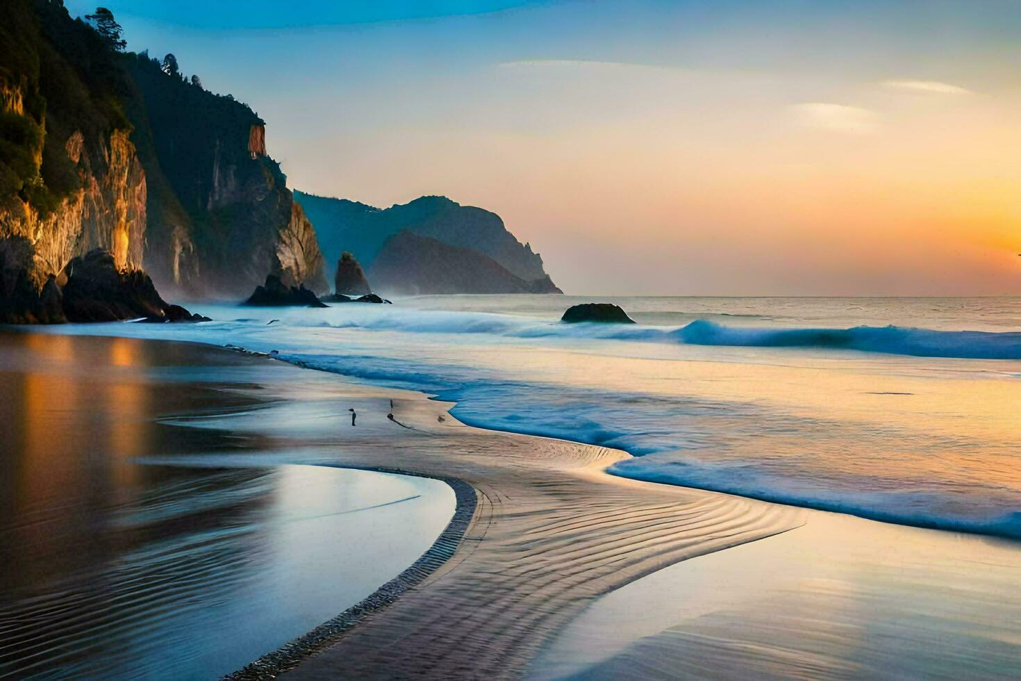 the sun sets over the ocean and waves. AI-Generated photo