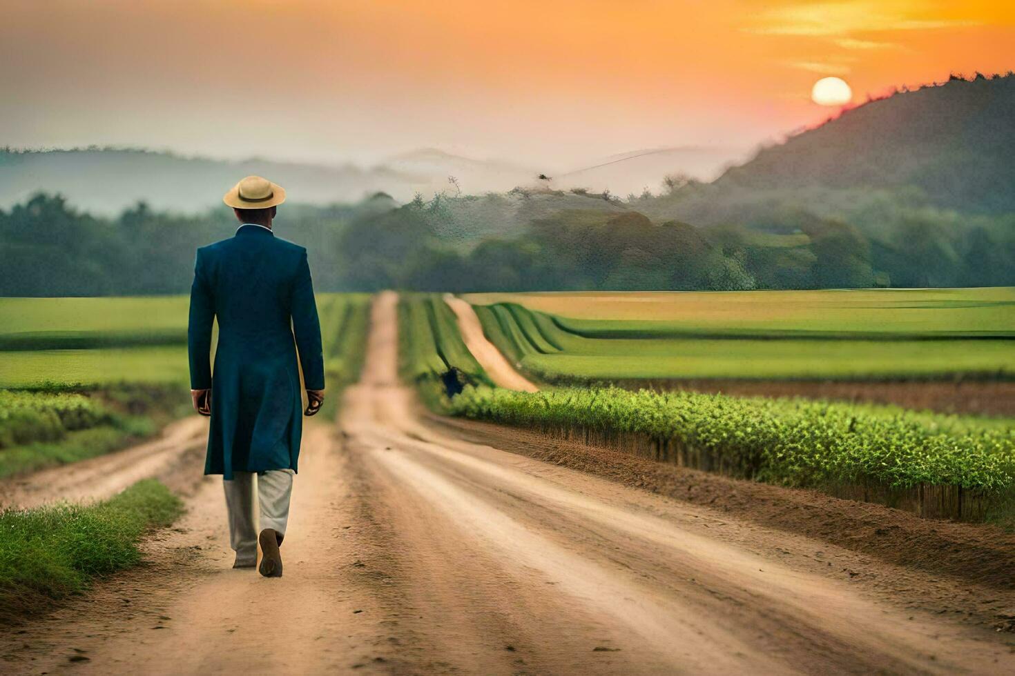 a man in a blue suit walks down a dirt road. AI-Generated photo
