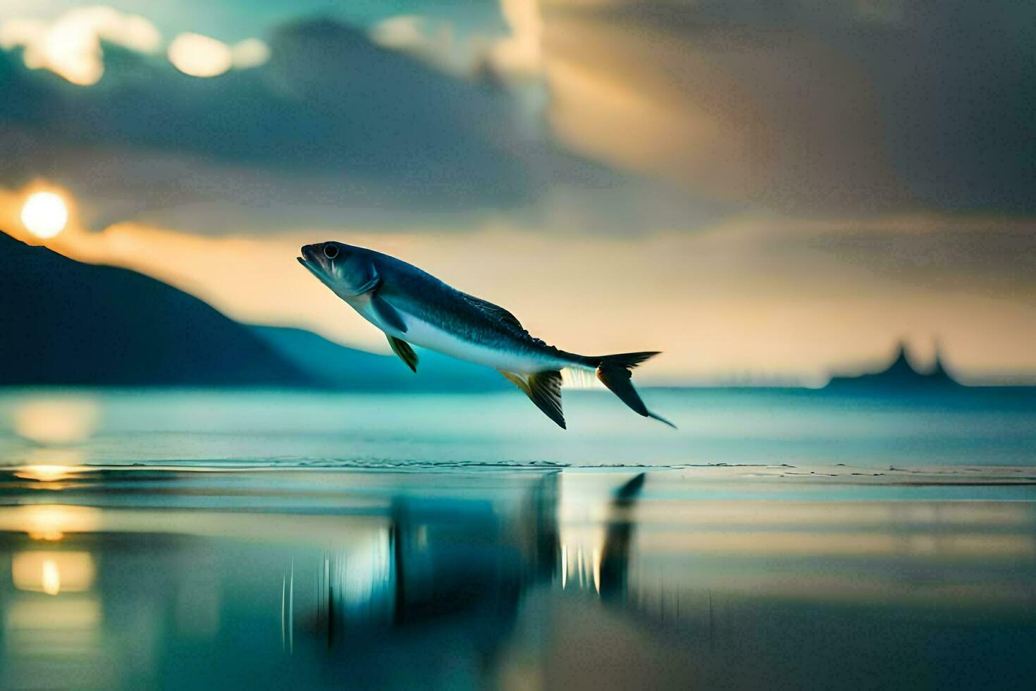 un pescado saltando fuera de el agua a puesta de sol. generado por ai foto