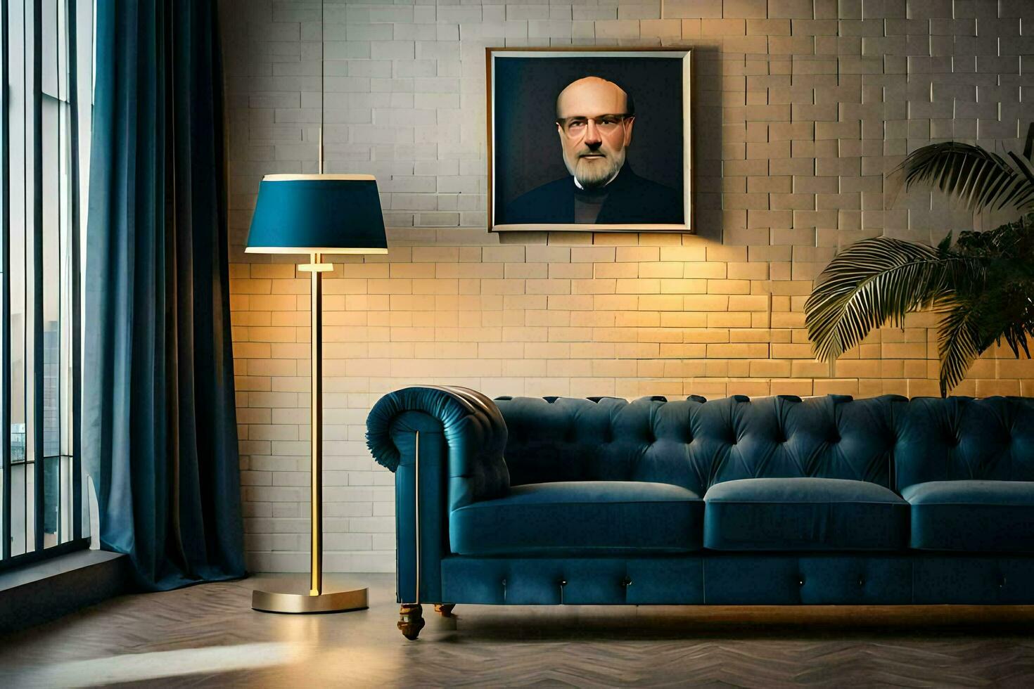 a blue couch in front of a painting. AI-Generated photo