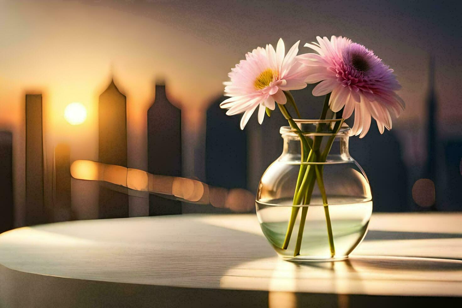 pink flowers in a vase on a table with a city in the background. AI-Generated photo