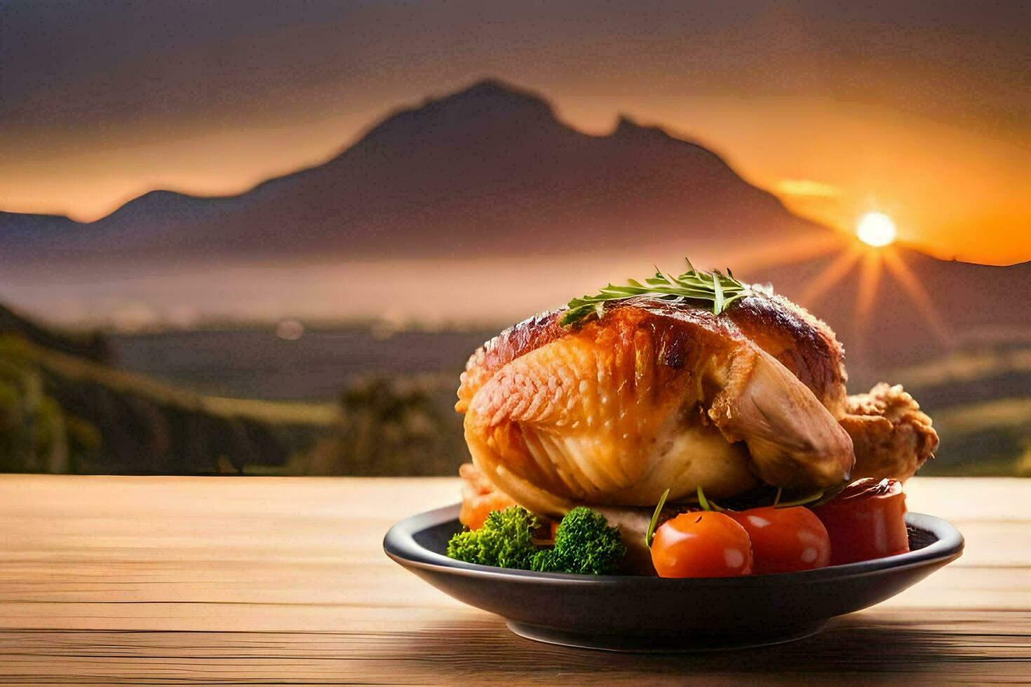 a roasted turkey on a plate with a mountain in the background. AI-Generated photo