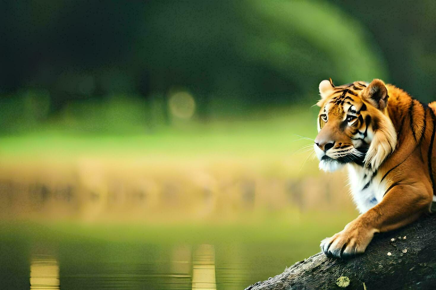 a tiger sitting on a log near water. AI-Generated photo