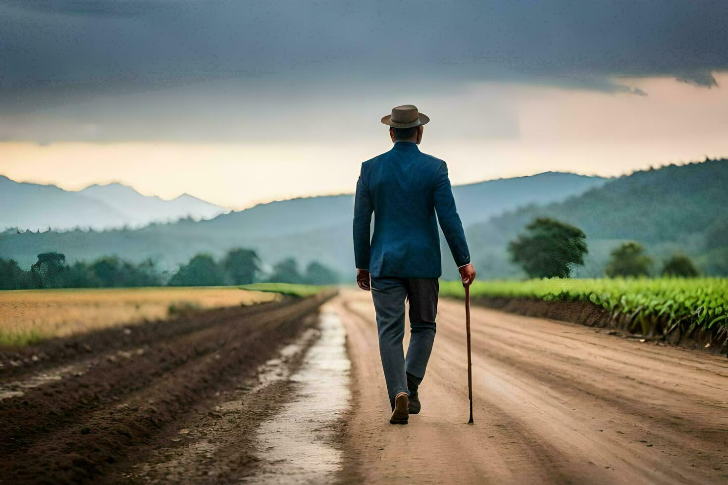 a man in a suit walks down a dirt road. AI-Generated photo