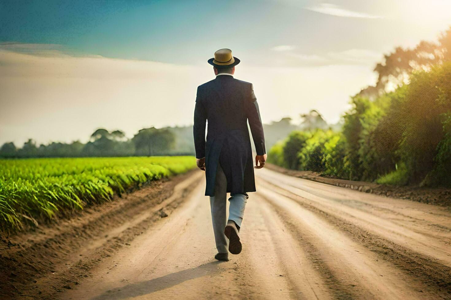 un hombre en un traje y sombrero caminando abajo un suciedad la carretera. generado por ai foto