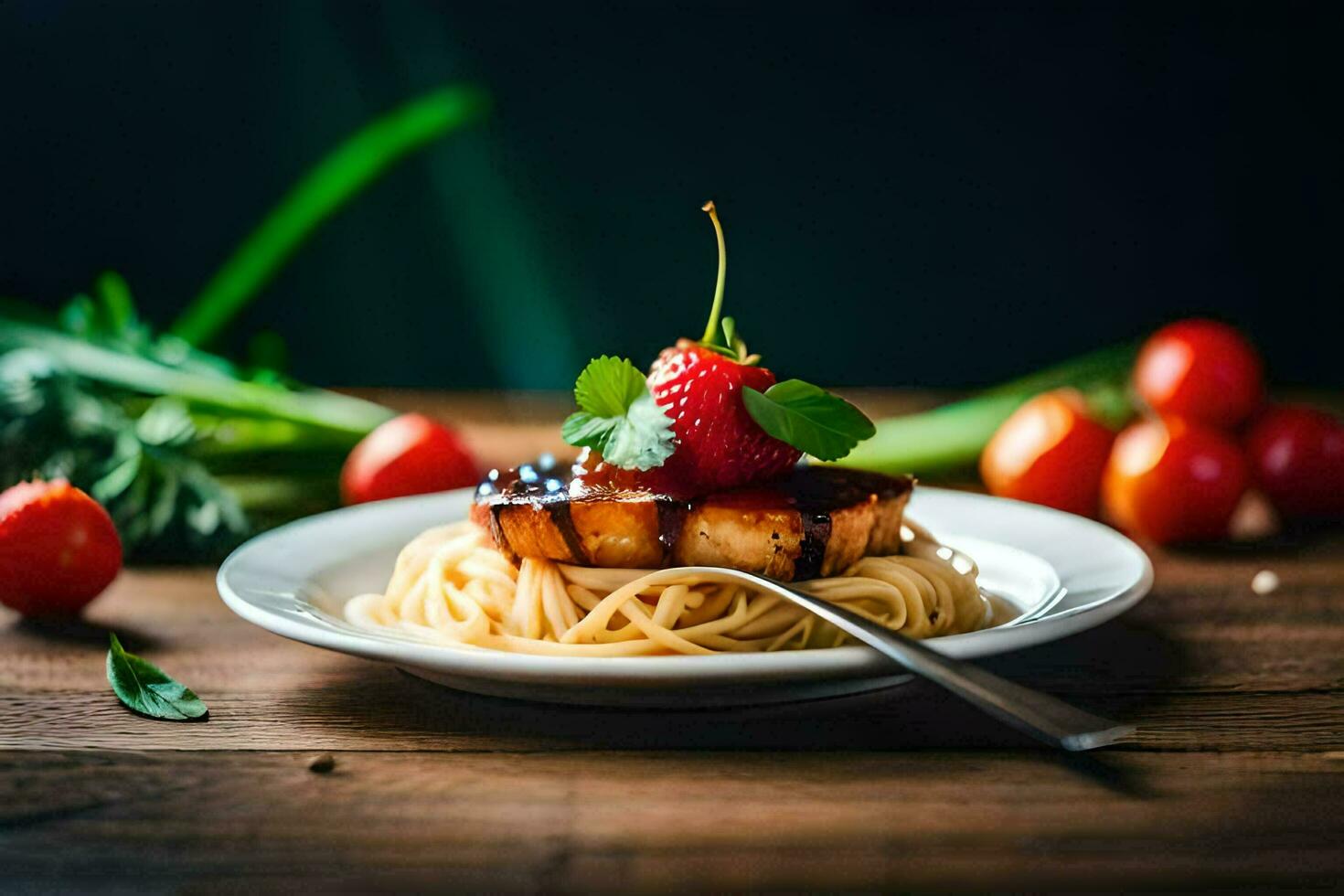 the food is served on a plate with a fork and a knife. AI-Generated photo