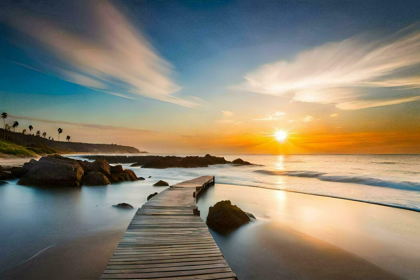 a wooden boardwalk leads to the ocean at sunset. AI-Generated photo