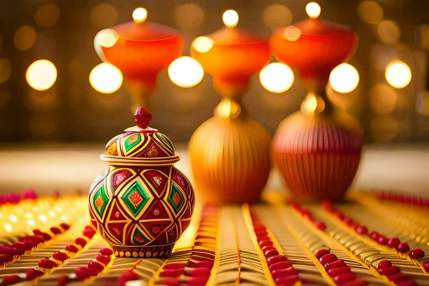 candles and a colorful vase on a table. AI-Generated photo