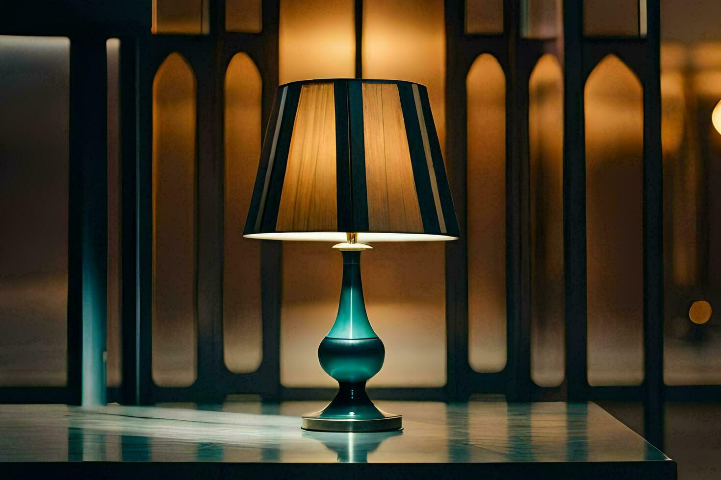 a lamp on a table in front of a glass wall. AI-Generated photo