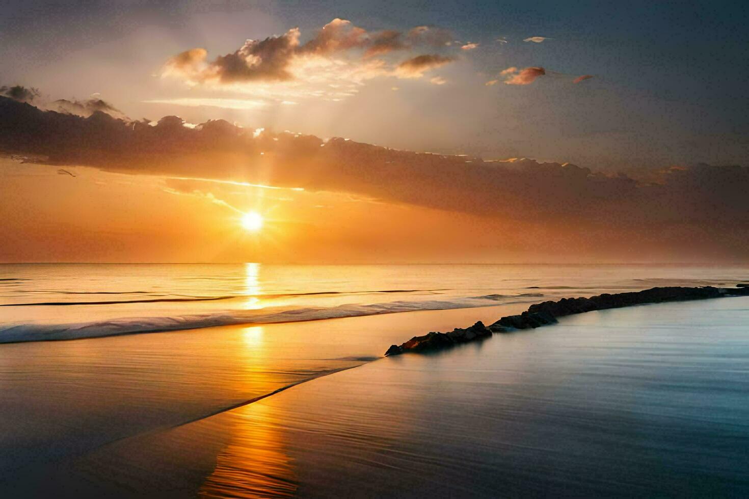 sunset over the ocean with waves and rocks. AI-Generated photo