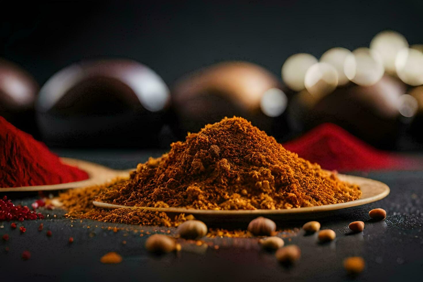 spices on a plate with a black background. AI-Generated photo