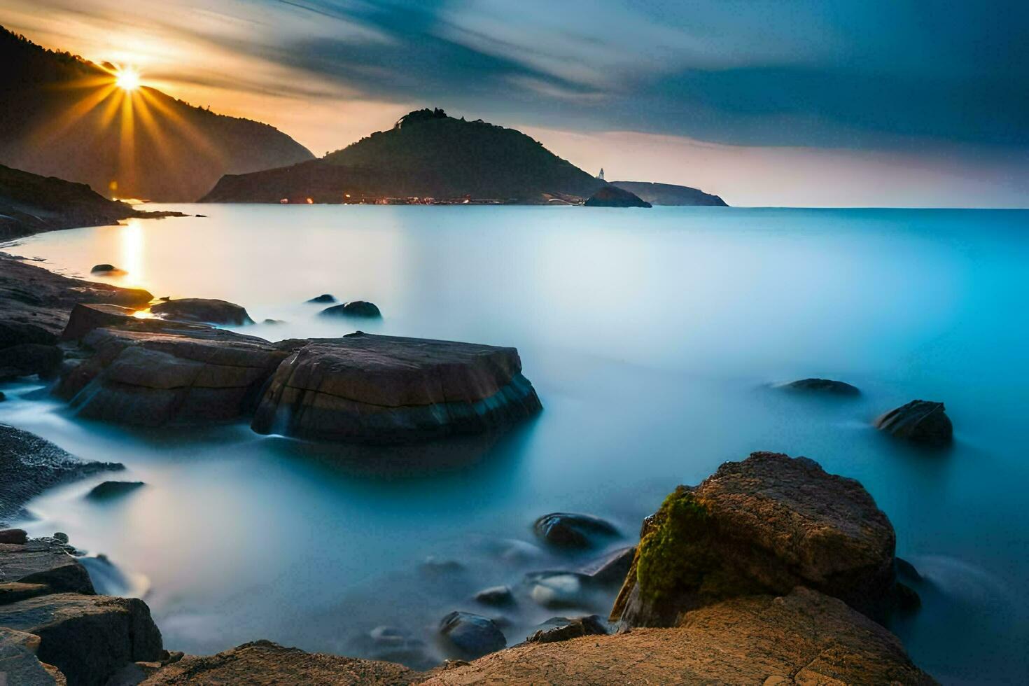 el Dom conjuntos terminado el Oceano y rocas generado por ai foto