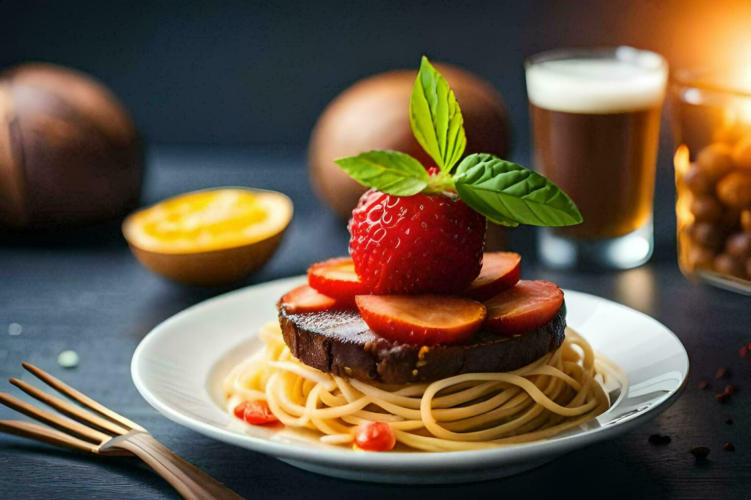a plate with spaghetti and strawberries on it. AI-Generated photo