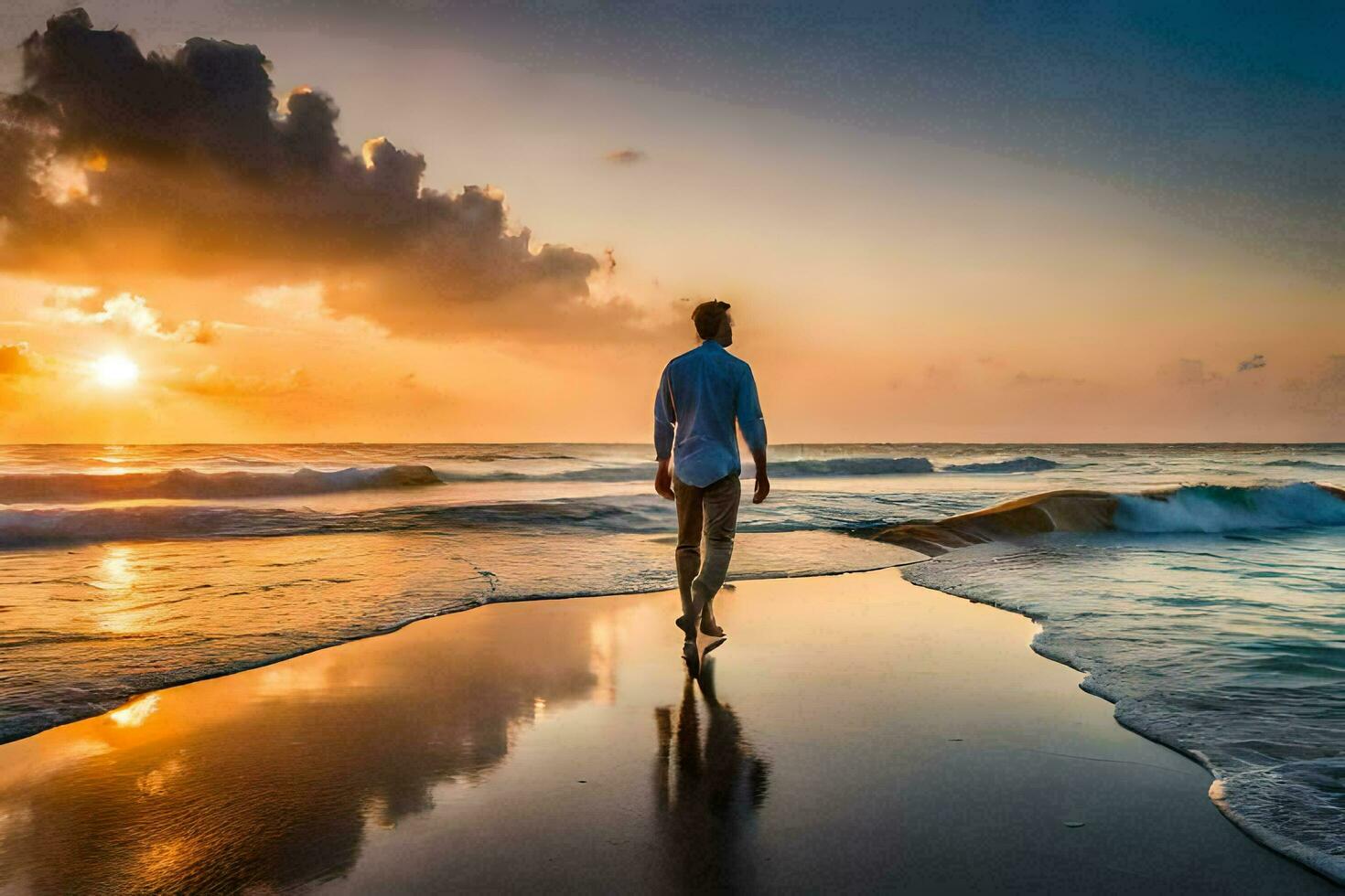a man walking on the beach at sunset. AI-Generated photo