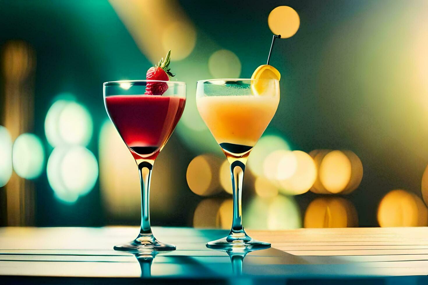 two glasses of cocktails with a strawberry and a lemon. AI-Generated photo