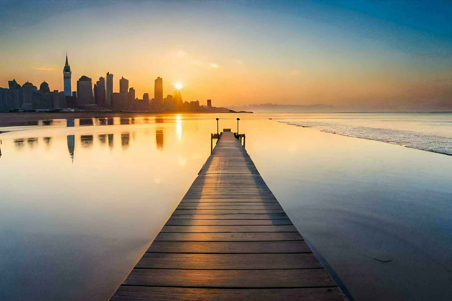the sun rises over the city skyline in dubai. AI-Generated photo