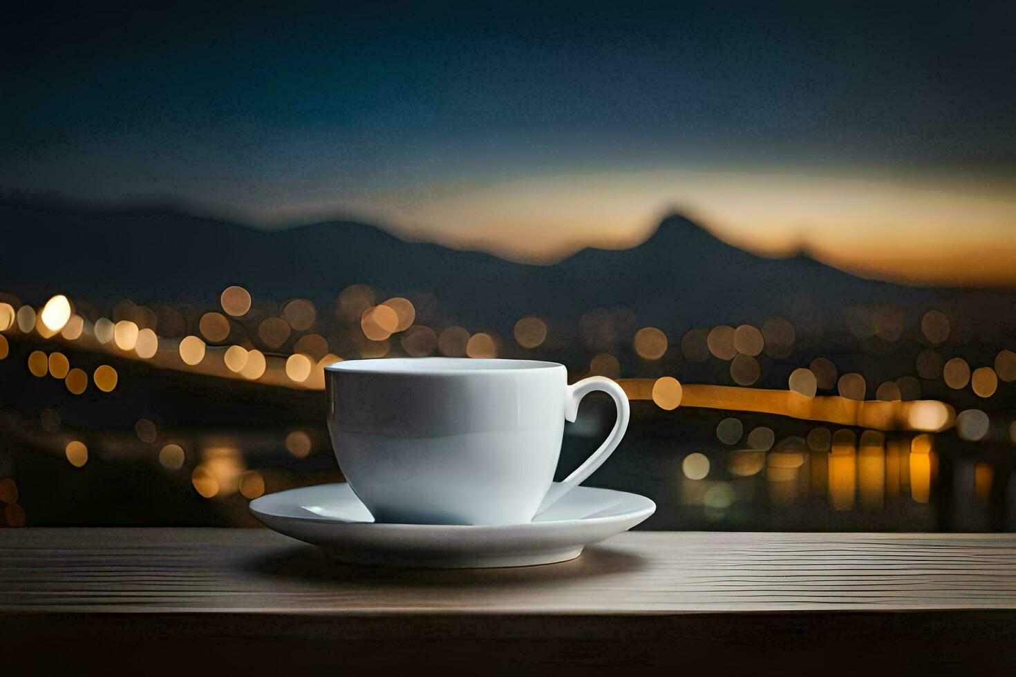 a cup of coffee on a table with a city view. AI-Generated photo