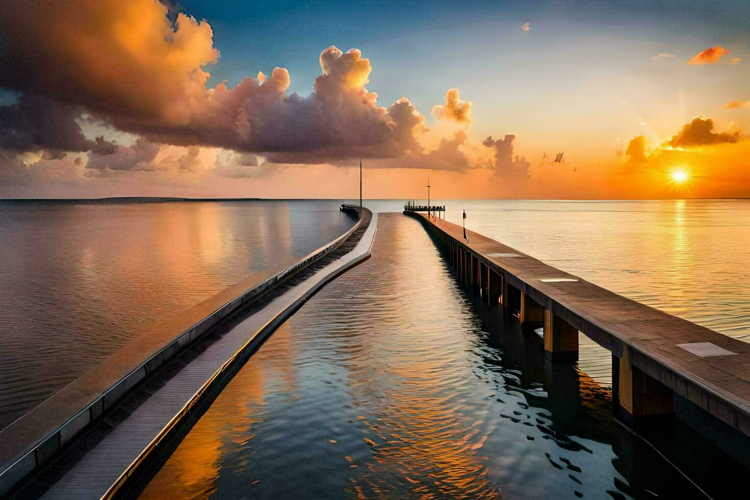 a pier with a dock and a sunset in the background. AI-Generated photo