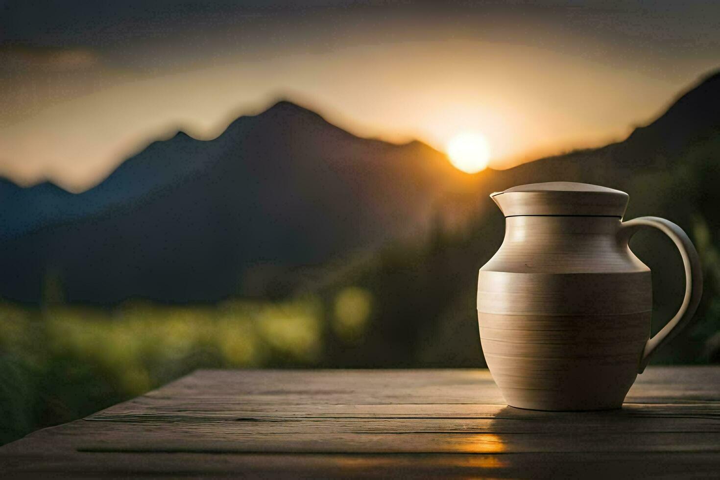 a wooden jug sitting on a wooden table in front of a mountain. AI-Generated photo