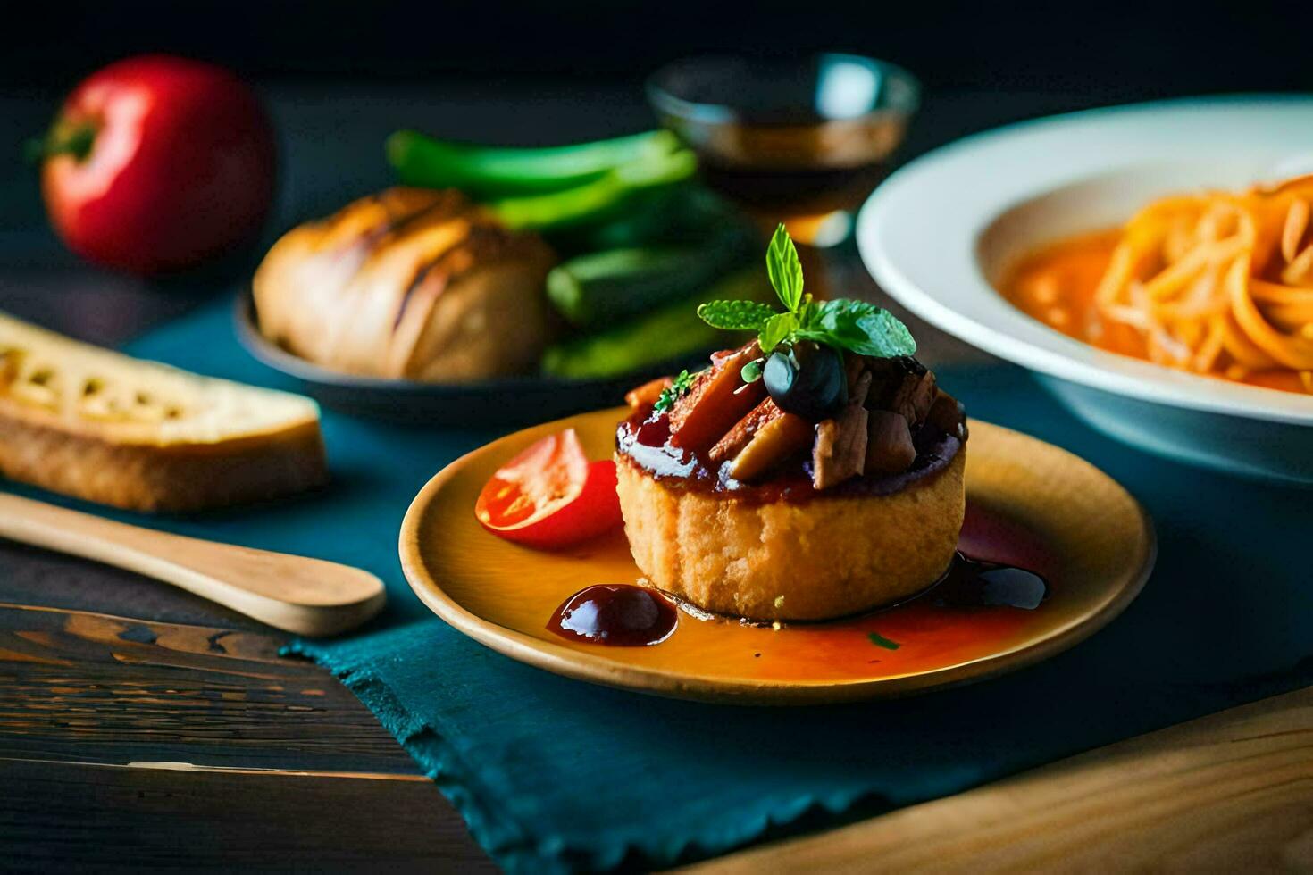 a plate of food with pasta, bread and sauce. AI-Generated photo