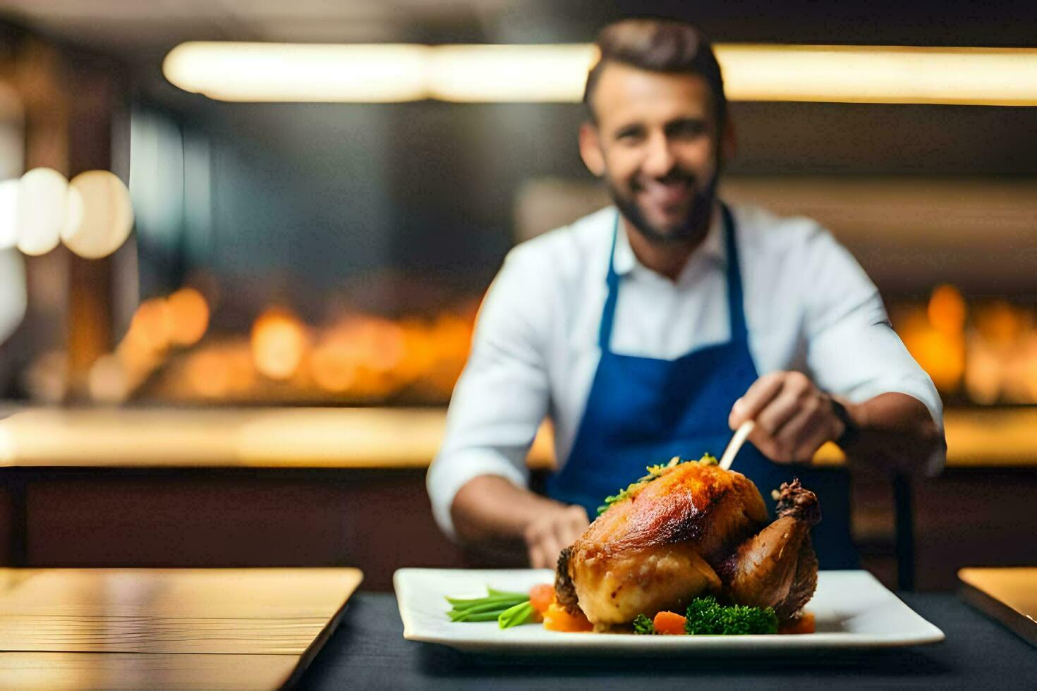 a man in an apron is holding a turkey on a plate. AI-Generated photo