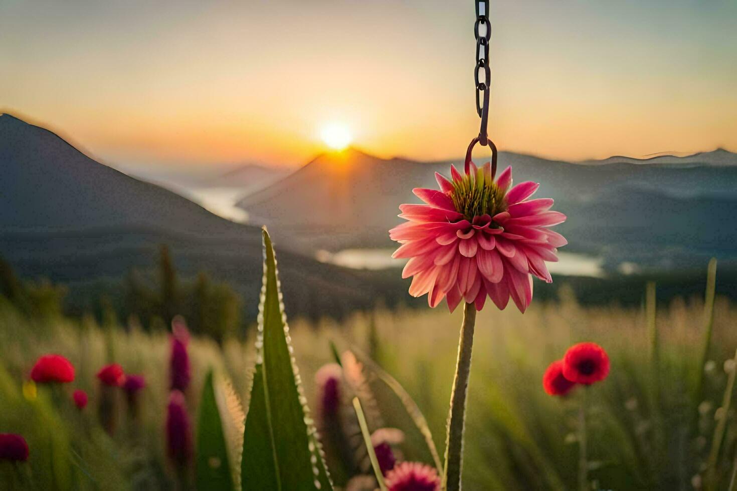 photo wallpaper the sky, flowers, mountains, the sun, flowers, the mountains, the sun. AI-Generated