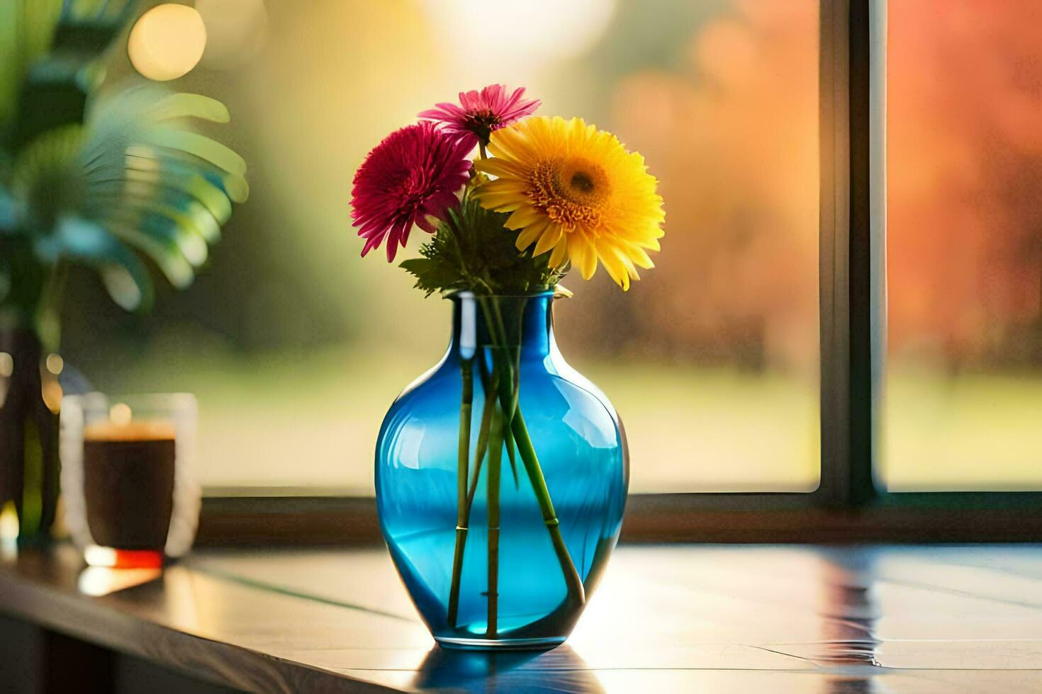 a blue vase with flowers sitting on a table near a window. AI-Generated photo