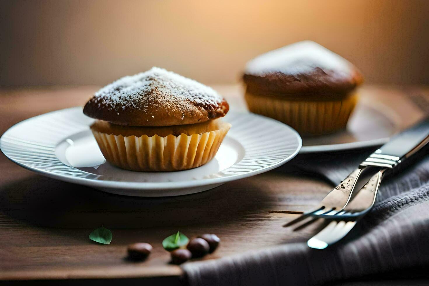 two muffins on a plate with a fork and knife. AI-Generated photo