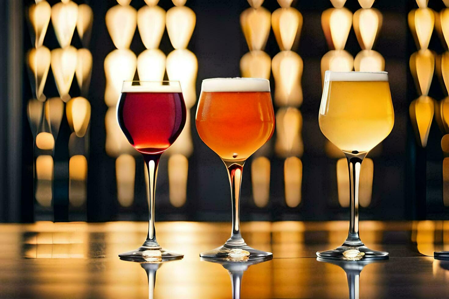 three different types of beer are lined up on a bar. AI-Generated photo