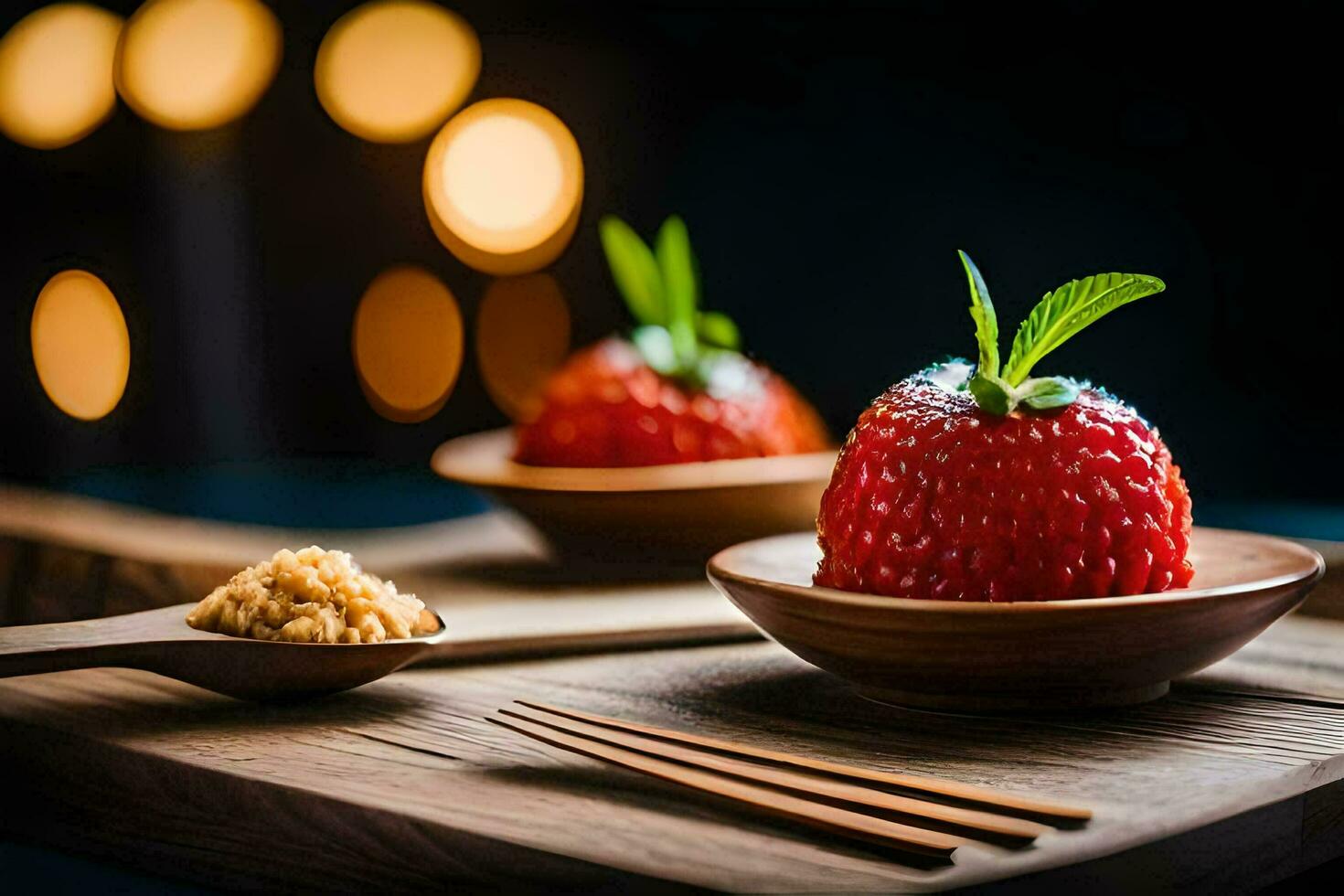 two strawberries on a wooden tray with a spoon. AI-Generated photo