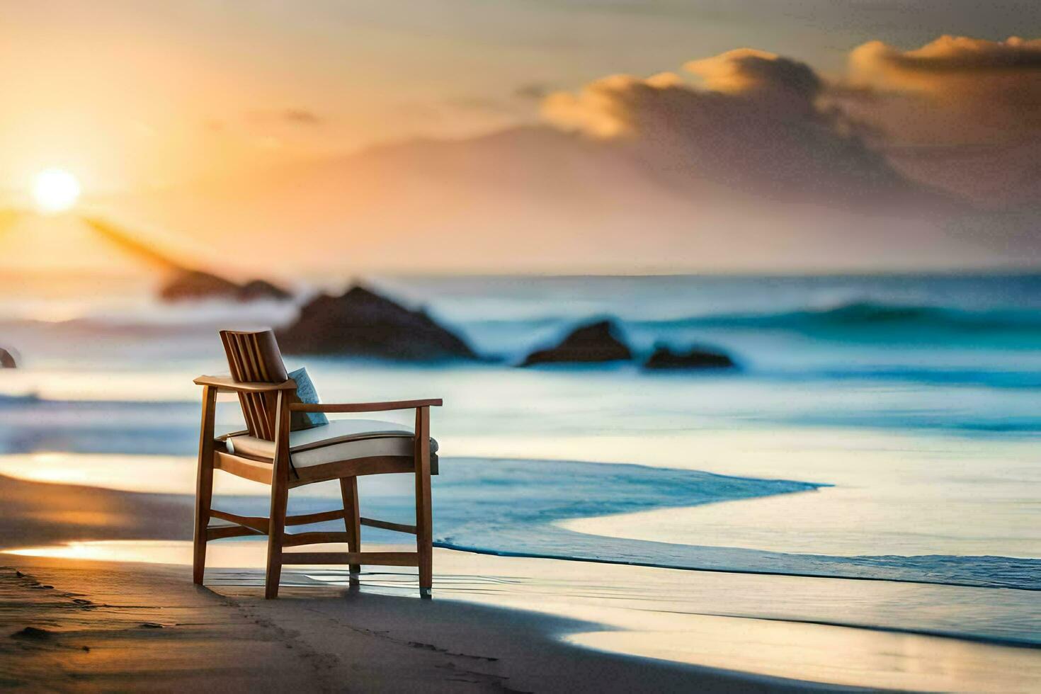 un silla se sienta en el playa a puesta de sol. generado por ai foto