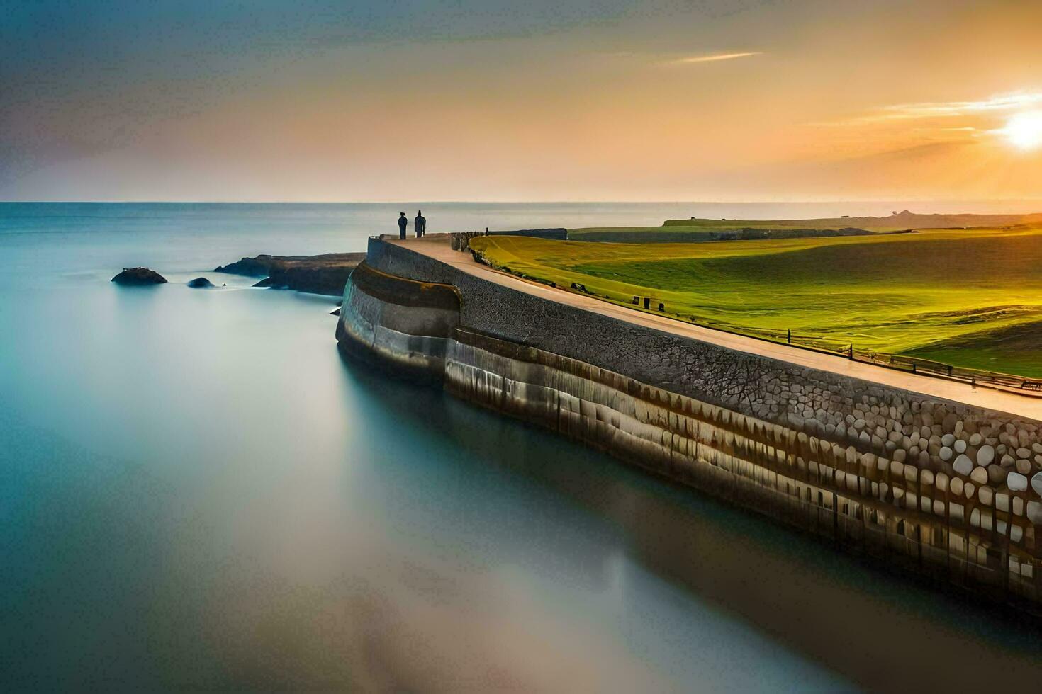 the sun sets over the sea and a wall. AI-Generated photo