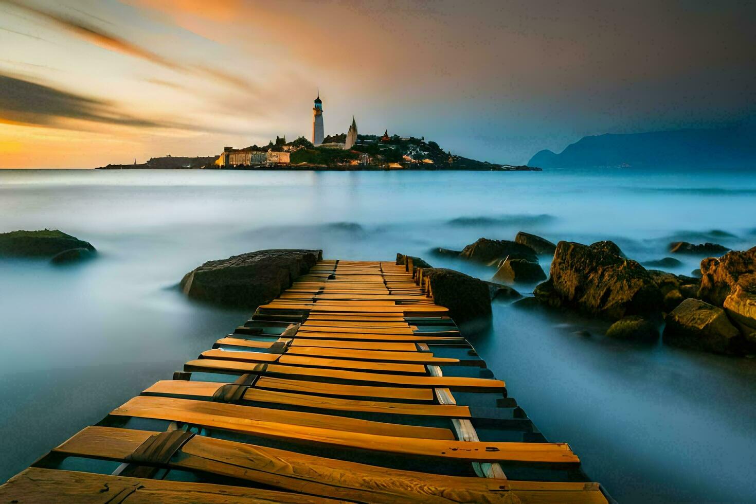 a wooden pier leads to a lighthouse at sunset. AI-Generated photo